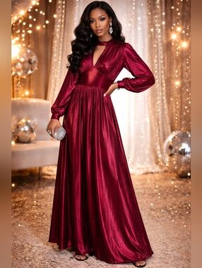 Solid Hollowed Out Slit Turtleneck Long  Dress
